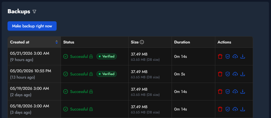 Verified backups tab